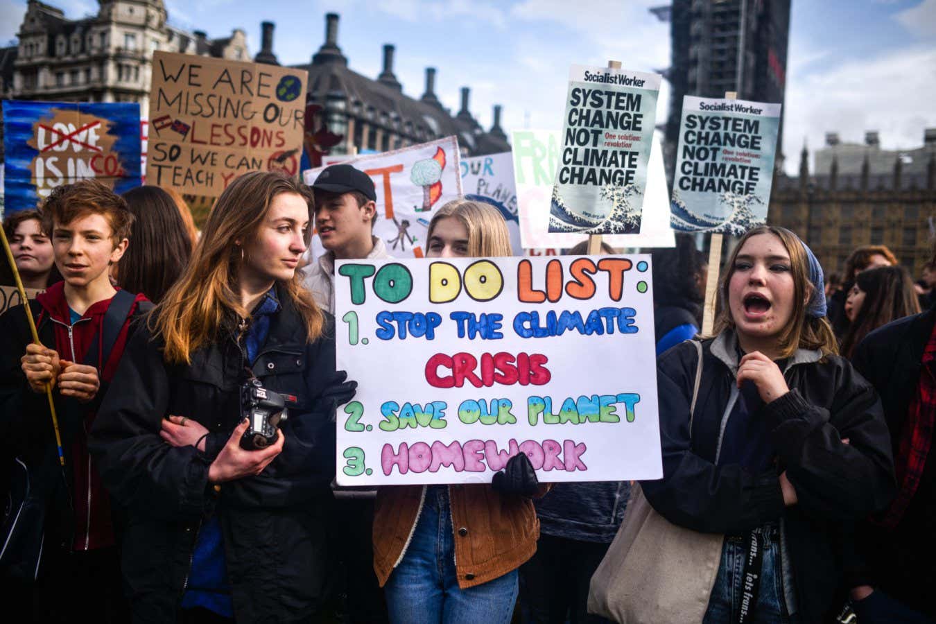 LONDON, ENGLAND - FEBRUARY 14: Students take part in a climate strike demo on February 14, 2020 in London, England. The school strike for climate is an international event movement of school students who take time off from class on Fridays to participate in demonstrations demanding political leaders take action on climate change. (Photo by Peter Summers/Getty Images)