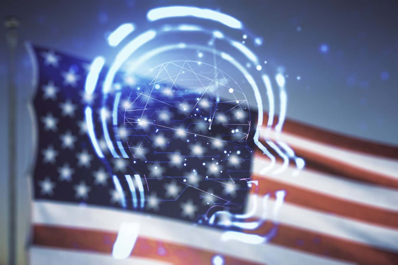 Abstract virtual artificial Intelligence interface with human head hologram on USA flag and sunset sky background. Multiexposure; Shutterstock ID 2177872151; purchase_order: -; job: -; client: -; other: -