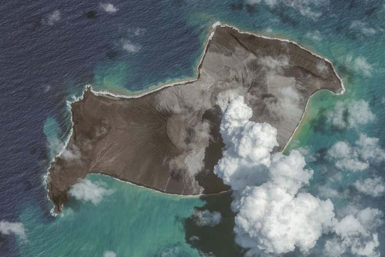 HUNGA TONGA-HUNGA HA'APAI, TONGA ??? JANUARY 6, 2022: In this image 3. of a series created on January 19, 2022, Maxar overview satellite imagery shows the Hunga Tonga-Hunga Ha'apai volcano on January 6, 2022, before the eruption on January 14th , 2022 in Hunga Tonga-Hunga Ha'apai Islands, Tonga. (Photo by Maxar via Getty Images)