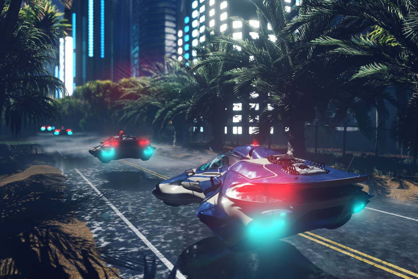 Futuristic sci-fi flying cars fly over the night wet highway, through the night city. The concept of the future. 3D Rendering; Shutterstock ID 1555294988; purchase_order: -; job: -; client: -; other: -