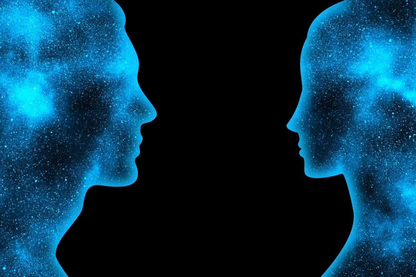 Blue shining star universe in the shape of a woman and a man on a black background; Shutterstock ID 1954019650; purchase_order: -; job: -; client: -; other: -