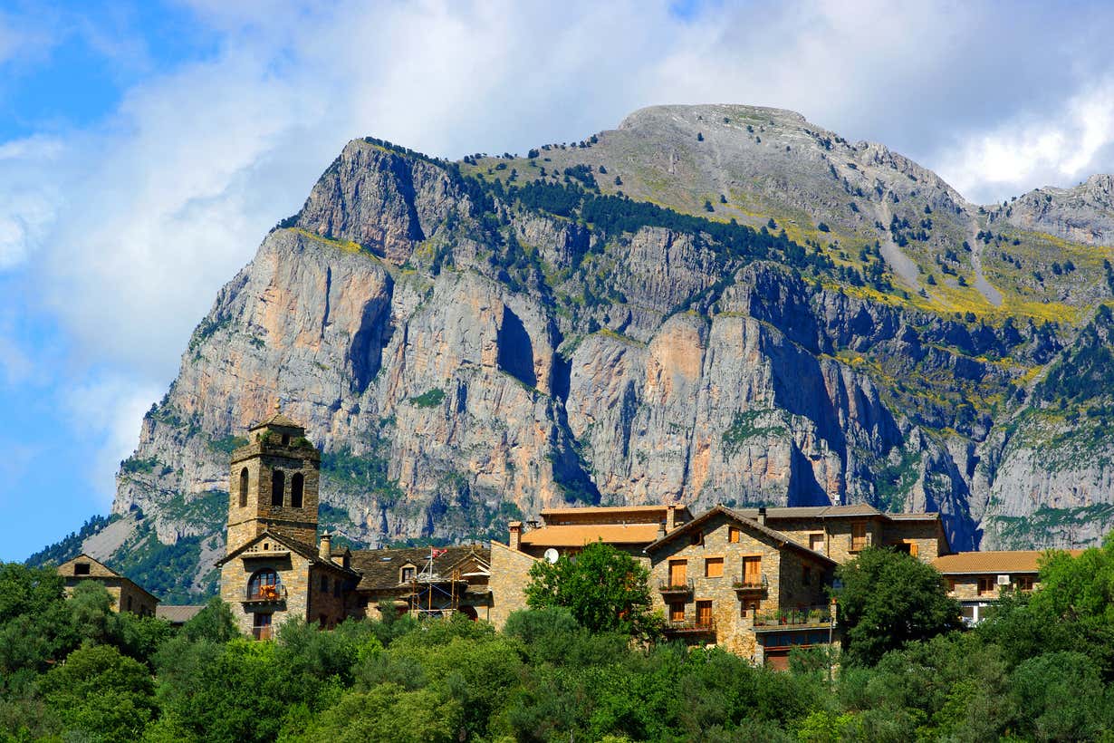 Stunning mountain landscape in Ainsa with old monastery and hotel, located in the pyrenes, Huesca, Spain